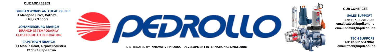 Company header showing the Pedrollo logo centered with office addresses on the left and sales/tech support contacts on the right; includes the distributor tagline.